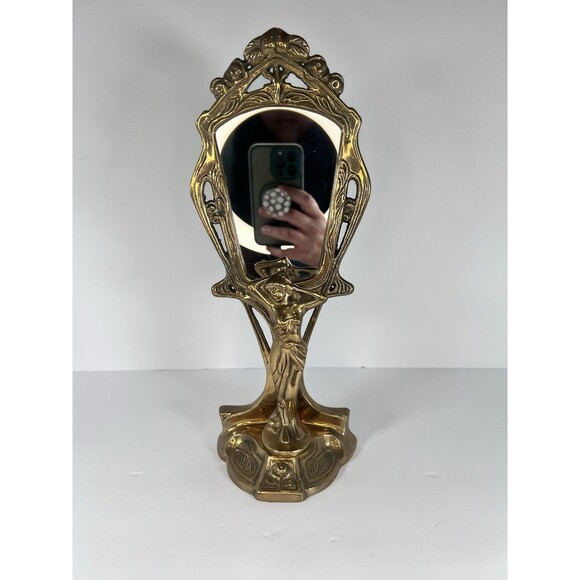 hand held Mirror Stand with Lady Figurine Nouveau cast Brass 11- 7/8" tall - Picture 1 of 15